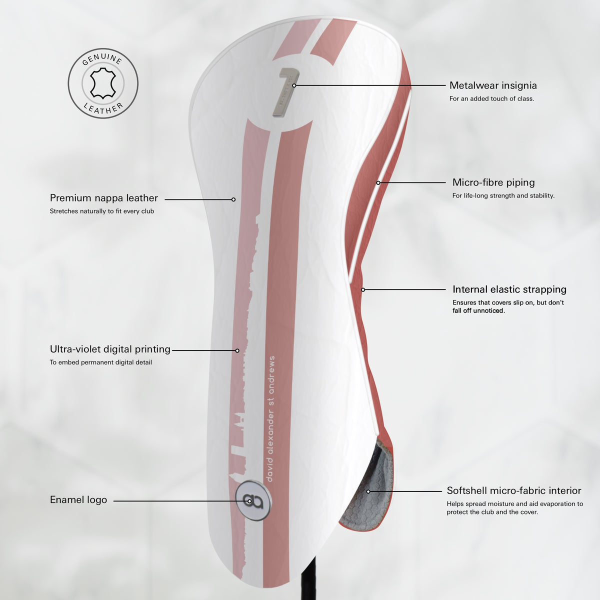 St. Andrews edition white and terracotta leather golf club headcover with a bold pink and terracotta racing stripe design, featuring a metal club identifier.