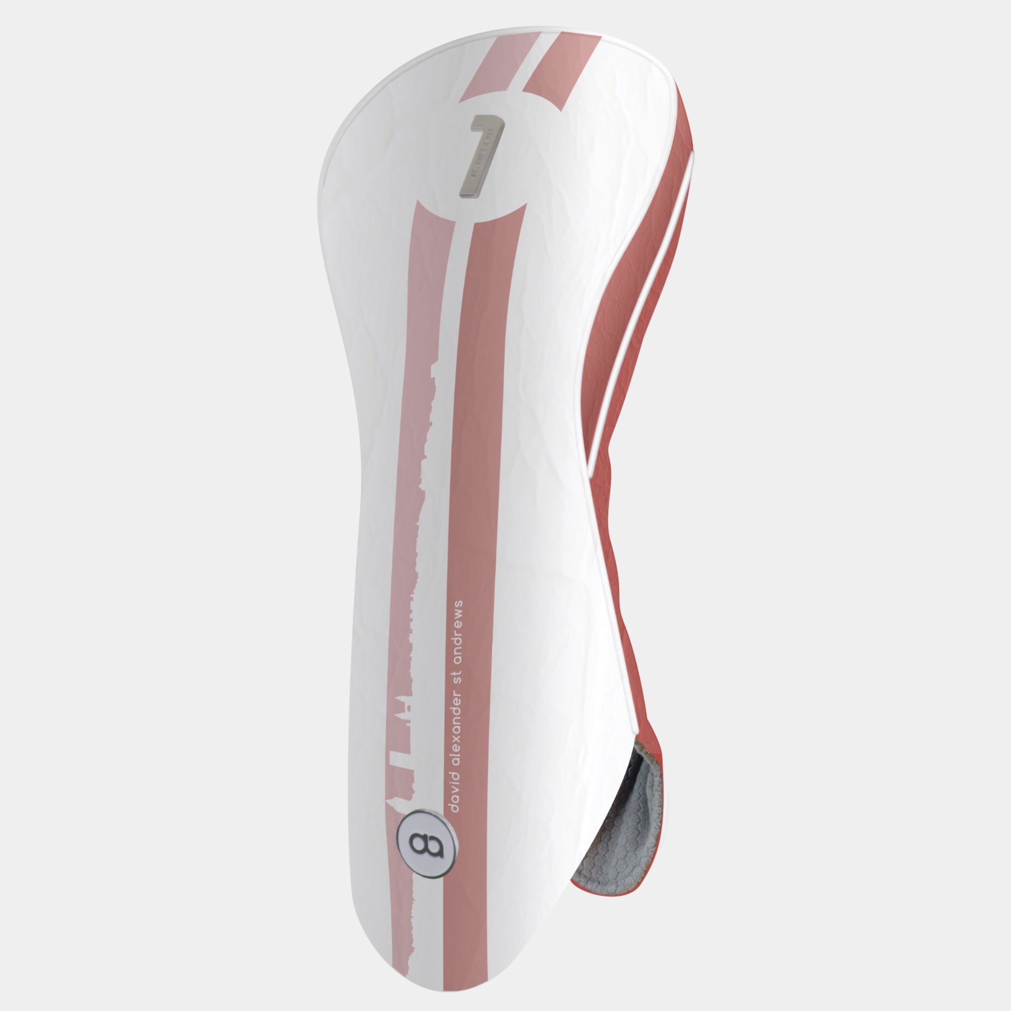 St. Andrews edition white and terracotta leather golf club headcover with a bold pink and terracotta racing stripe design, featuring a metal club identifier.