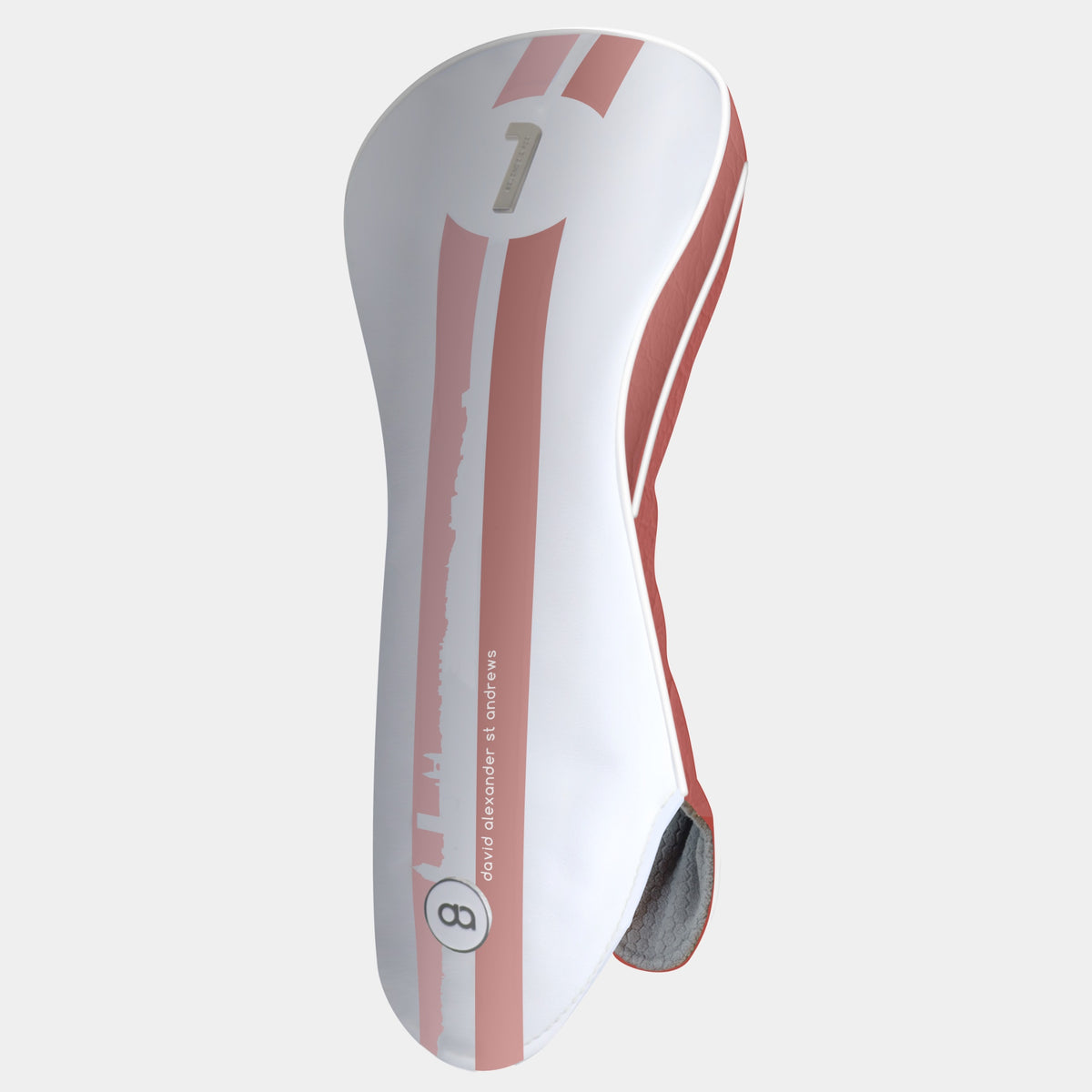 St. Andrews edition white and terracotta leather golf club headcover with a bold pink and terracotta racing stripe design, featuring a metal club identifier.