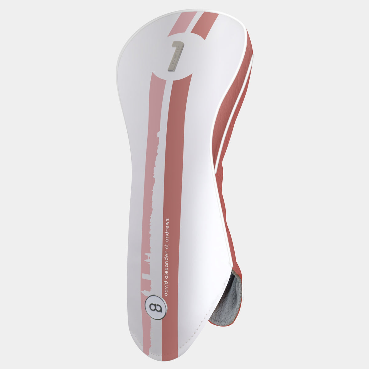 St. Andrews edition white and terracotta leather golf club headcover with a bold pink and terracotta racing stripe design, featuring a metal club identifier.