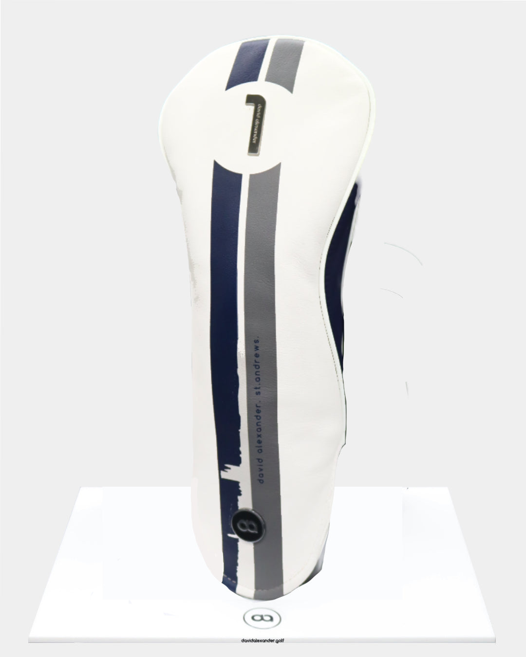 White and navy blue leather driver headcover featuring a digitally-printed St. Andrews townscape design.