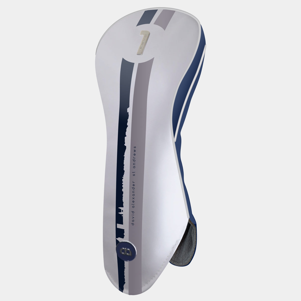 A white and navy blue St. Andrews edition leather golf club headcover with a bold navy blue and grey racing stripe design, featuring a chrome club identifier.