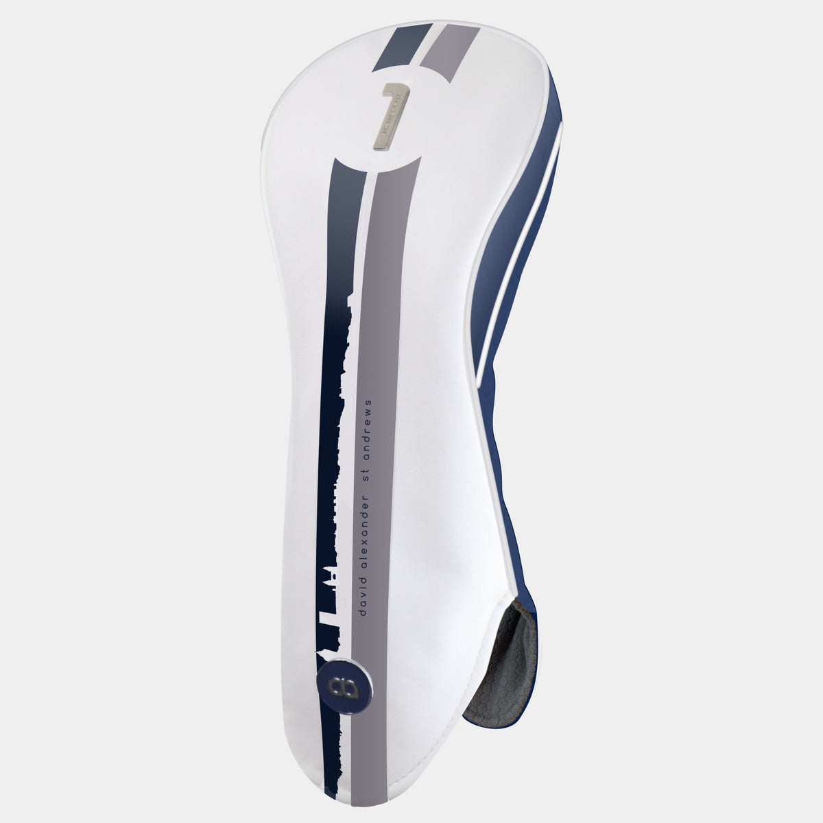 A white and navy blue St. Andrews edition leather golf club headcover with a bold navy blue and grey racing stripe design, featuring a chrome club identifier.