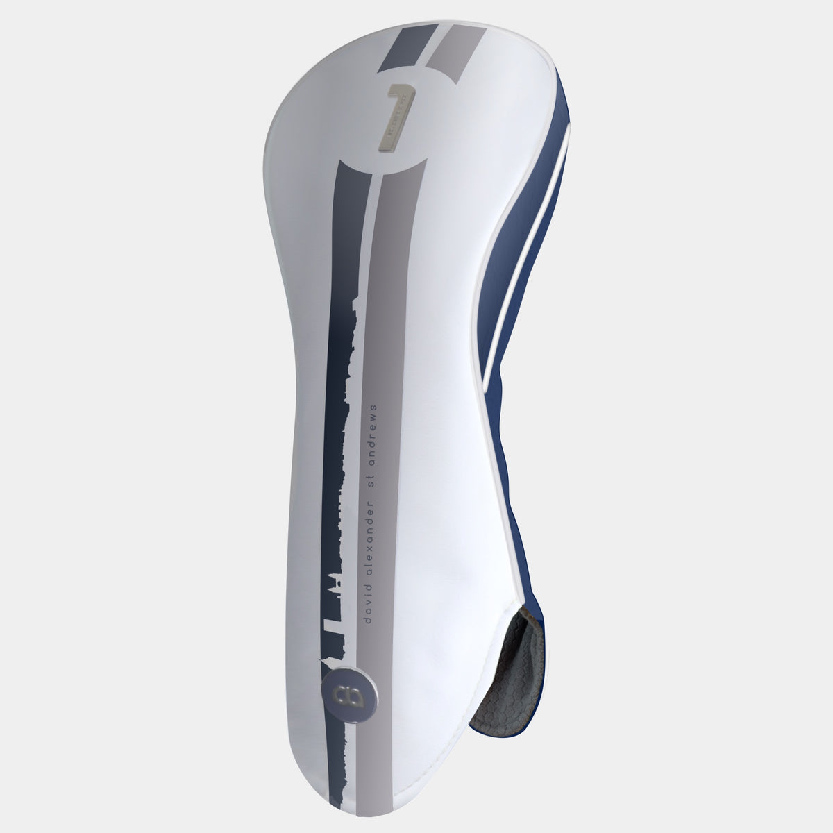 A white and navy blue St. Andrews edition leather golf club headcover with a bold navy blue and grey racing stripe design, featuring a chrome club identifier.