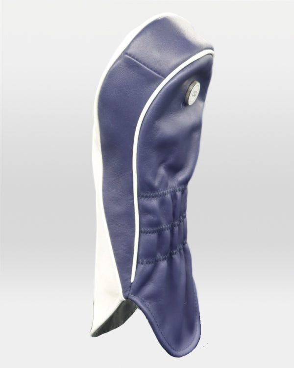 White and navy blue leather headcover featuring a digitally-printed St. Andrews townscape design.