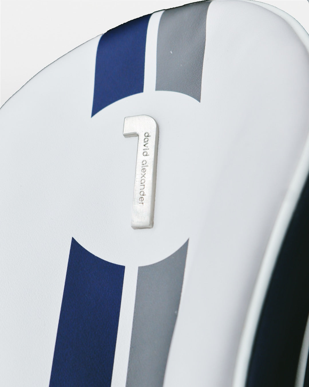 metal number one on white and navy blue leather david alexander-designed headcover