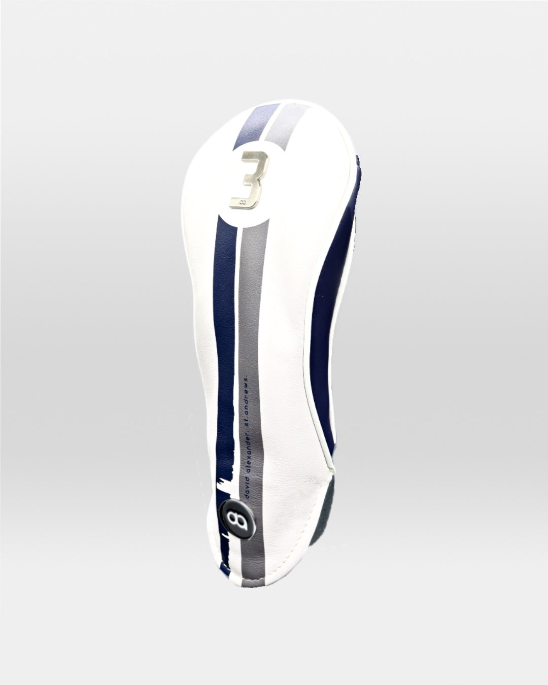 White and navy blue leather fairway headcover featuring a digitally-printed St. Andrews townscape design.
