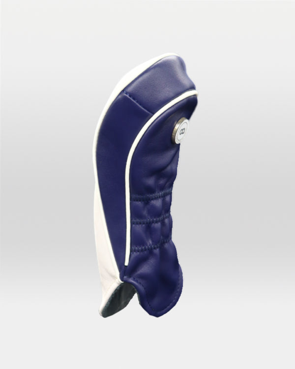 White and navy blue leather headcover featuring a digitally-printed St. Andrews townscape design.