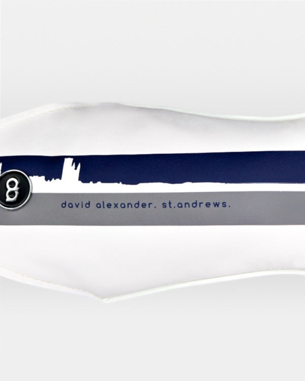 White and navy blue leather driver headcover featuring a digitally-printed St. Andrews townscape design.