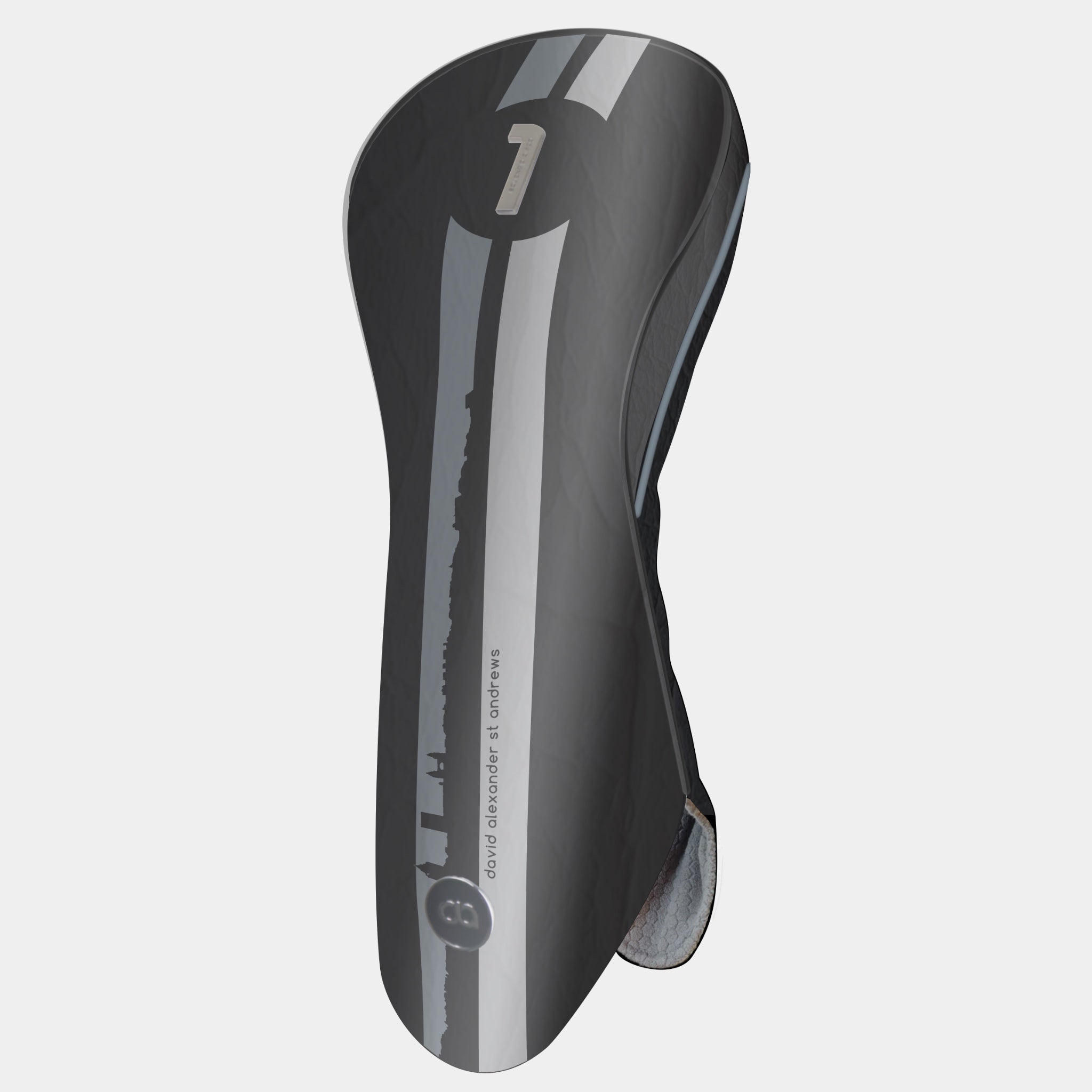 St. Andrews edition black leather golf club headcover with a bold silver and grey racing stripe design, featuring a metal club identifier