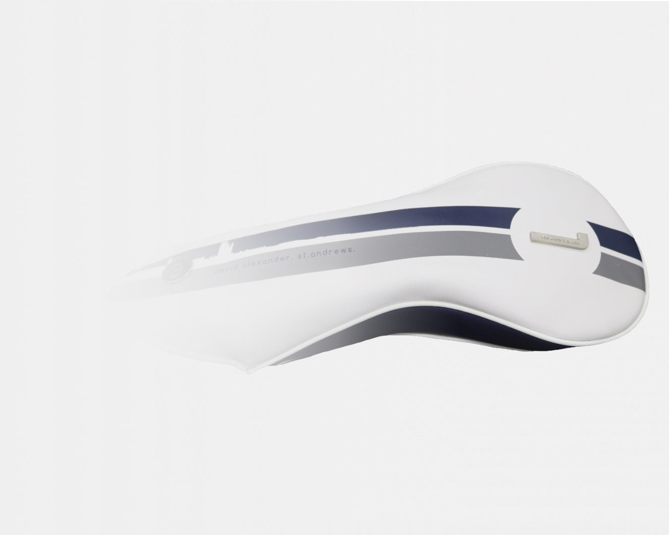 white and navy blue leather golf club headcover designed by David Alexander, St. Andrews