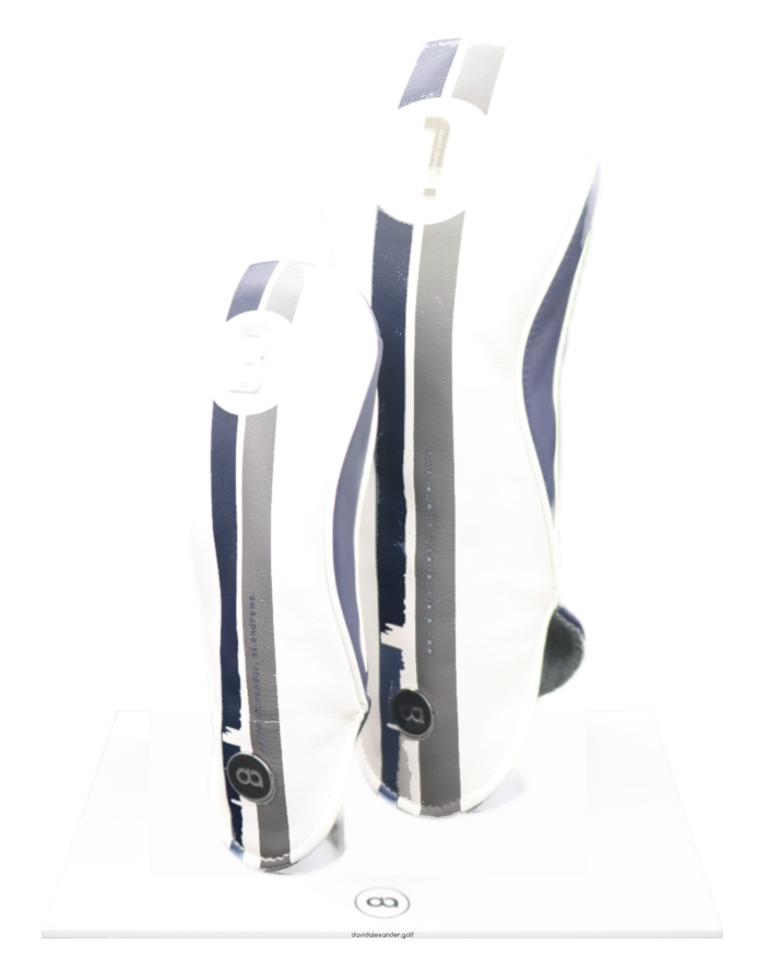 White and blue St. Andrews fairway wood leather headcover with a chrome number.