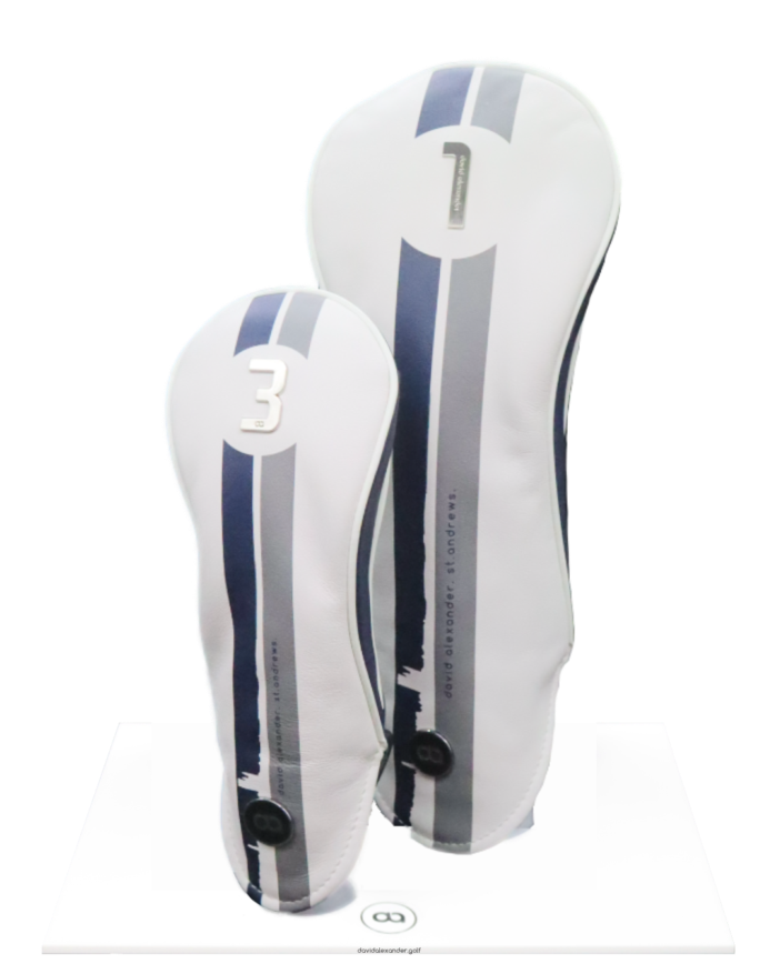 White and blue St. Andrews fairway wood leather headcover with a chrome number.