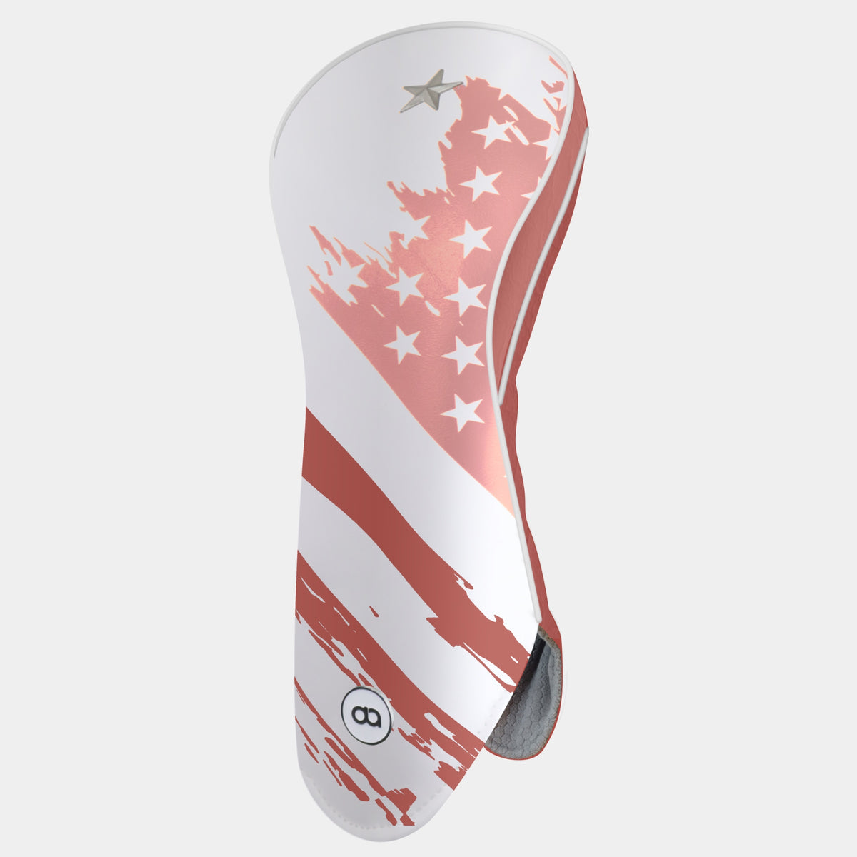 White and terracotta USA golf club headcover featuring a grunge American flag design with terracotta and pink stripes, white stars, and a silver metal star.