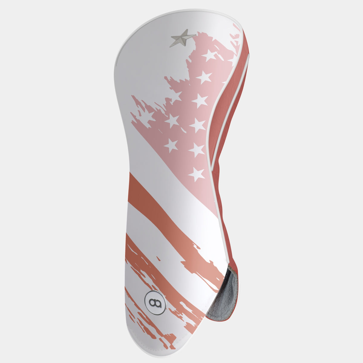 White and terracotta USA golf club headcover featuring a grunge American flag design with terracotta and pink stripes, white stars, and a silver metal star.