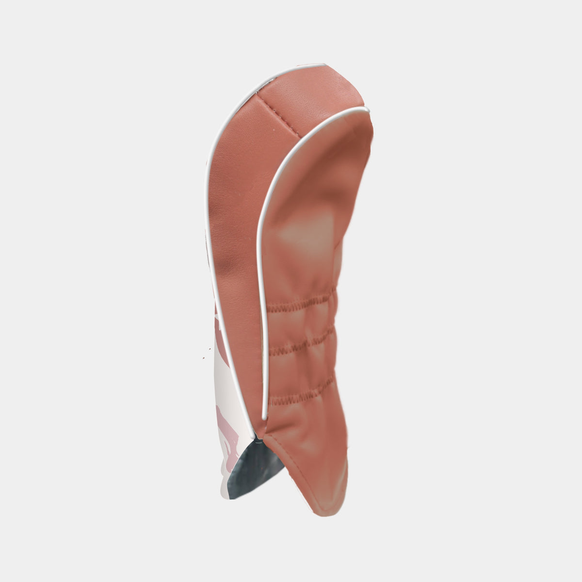 The back of a leather golf club headcover in a terracotta color with white piping and a white striped accent, shown from a side profile view on a light gray background.