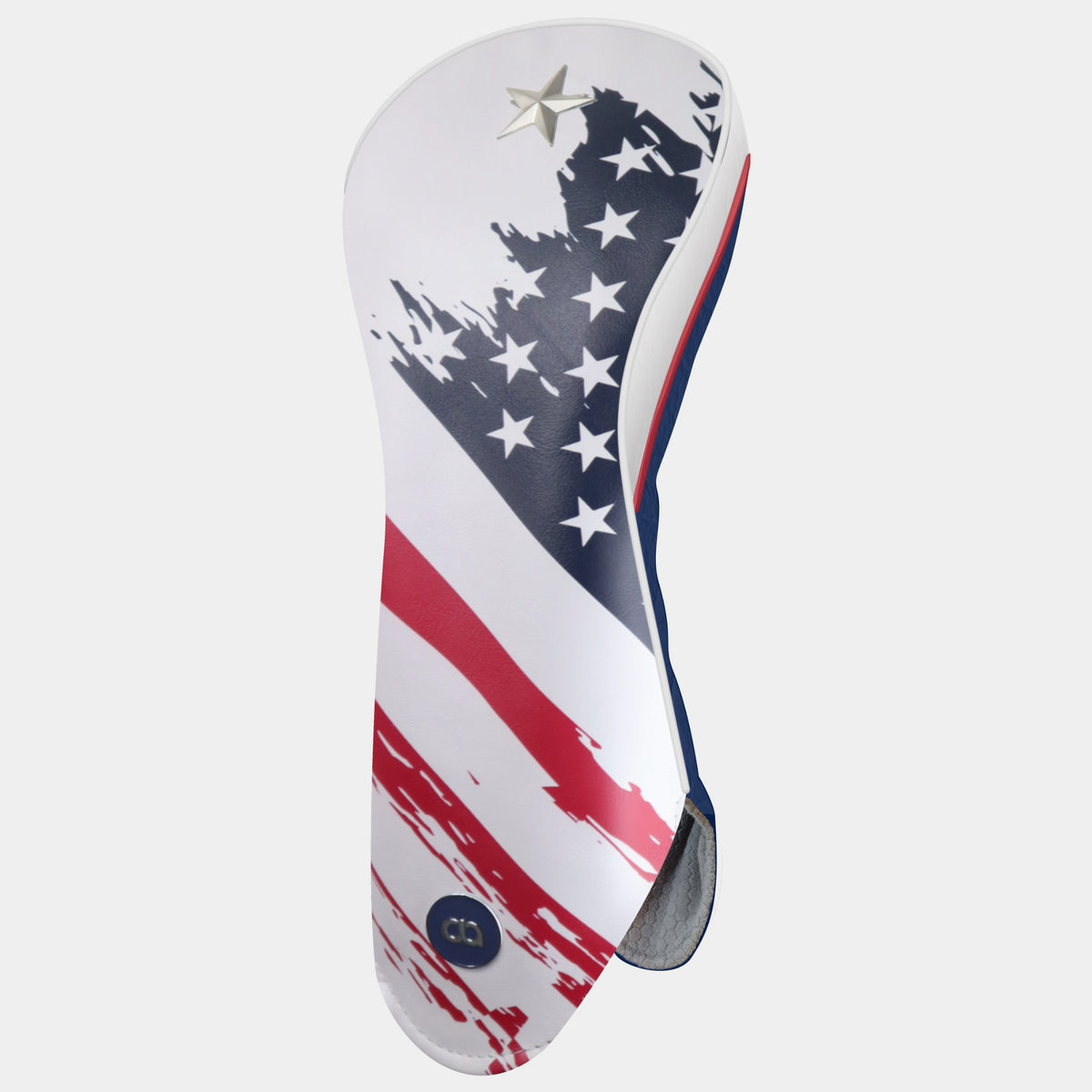 White, blue and red USA leather driver golf club headcover with a grunge stars and strip design on a white front with a navy blue back. White and red pipping.