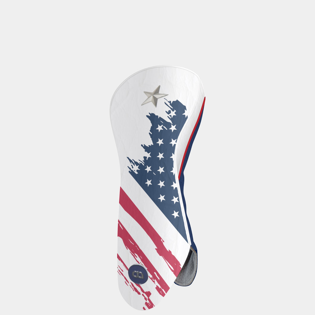 USA leather driver golf club headcover with a grunge stars and strip design on a white front with a navy blue back. White and red pipping.