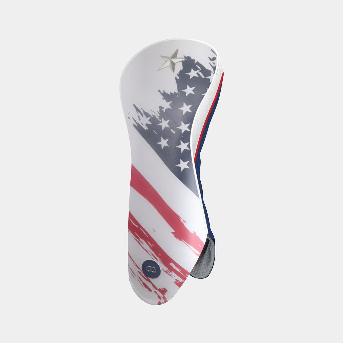 USA leather driver golf club headcover with a grunge stars and strip design on a white front with a navy blue back. White and red pipping.