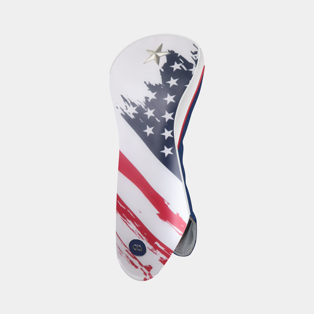 USA leather driver golf club headcover with a grunge stars and strip design on a white front with a navy blue back. White and red pipping.