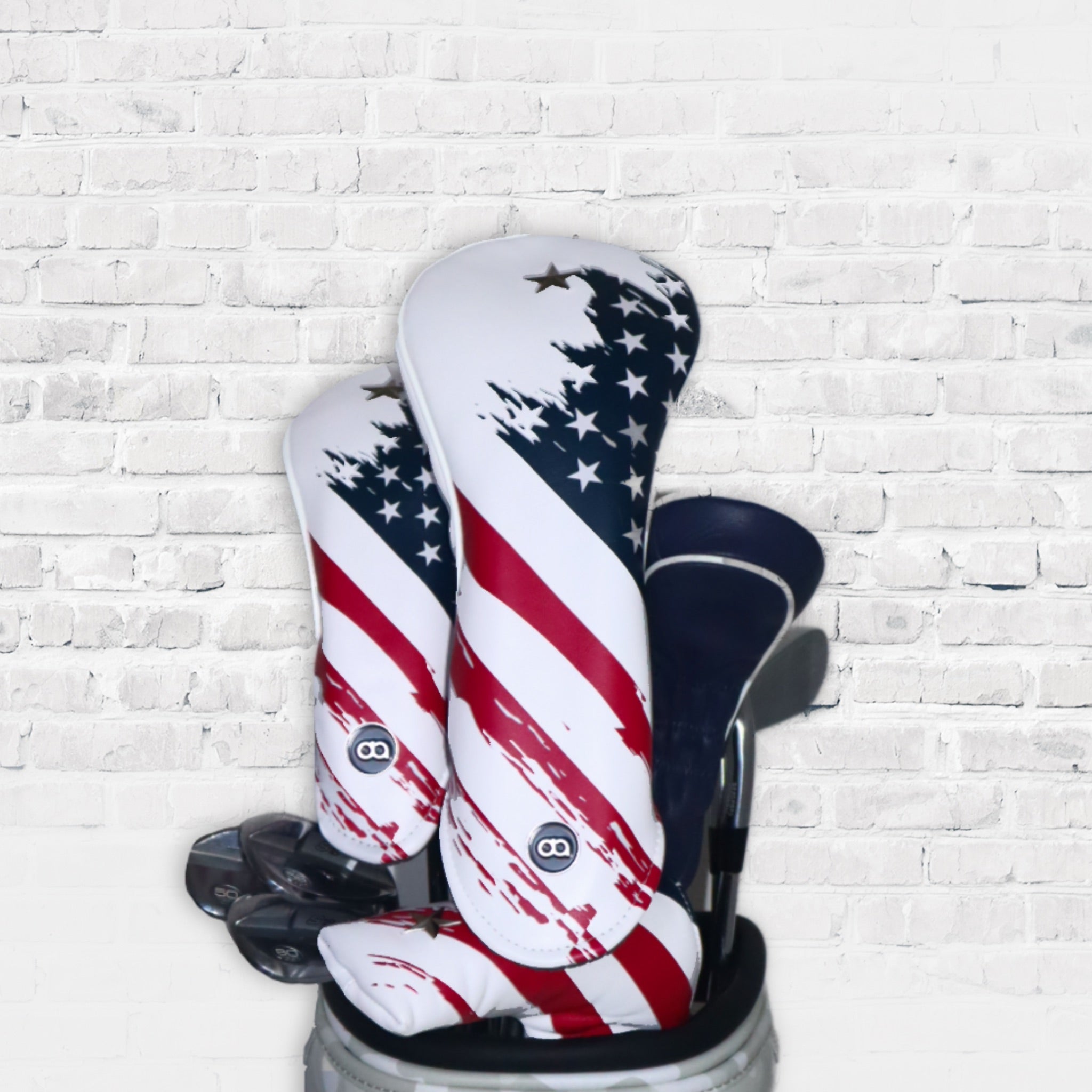 A set of USA red, white and blue stars and stripes headcover with chrome stars by David Alexander