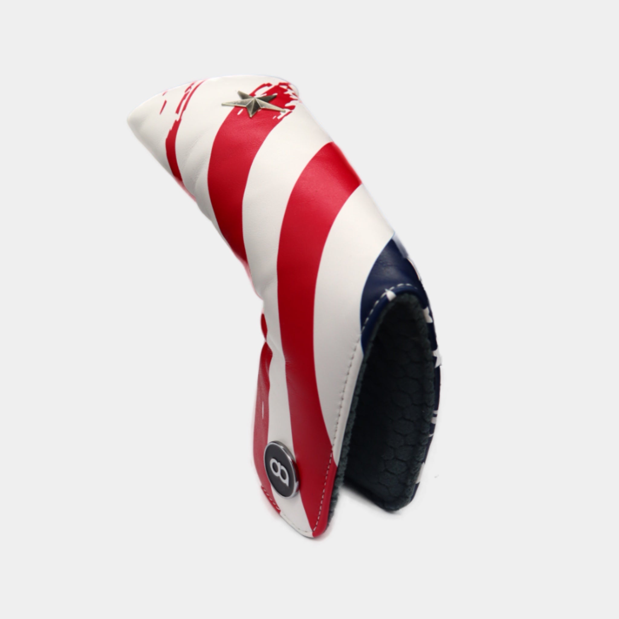 USA leather putter golf club replacement headcover. Red, white and blue, Golf gift for men /women. Designer golf accessory. Waterproof. Digital print. Chrome emblem.