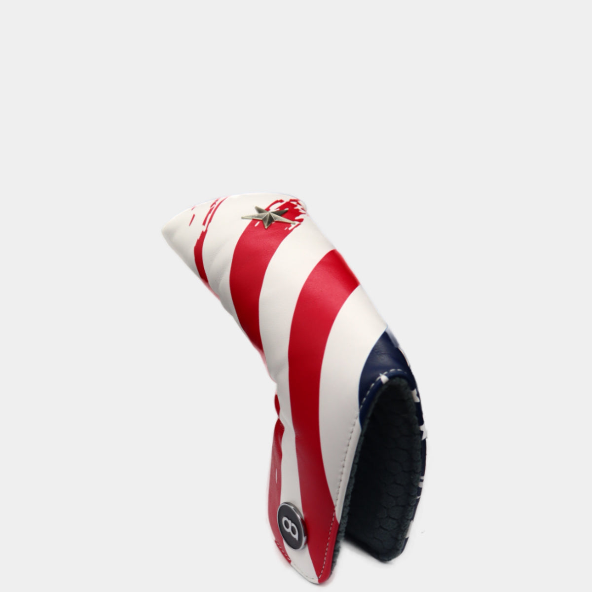 USA leather putter golf club replacement headcover. Red, white and blue, Golf gift for men /women. Designer golf accessory. Waterproof. Digital print. Chrome emblem.