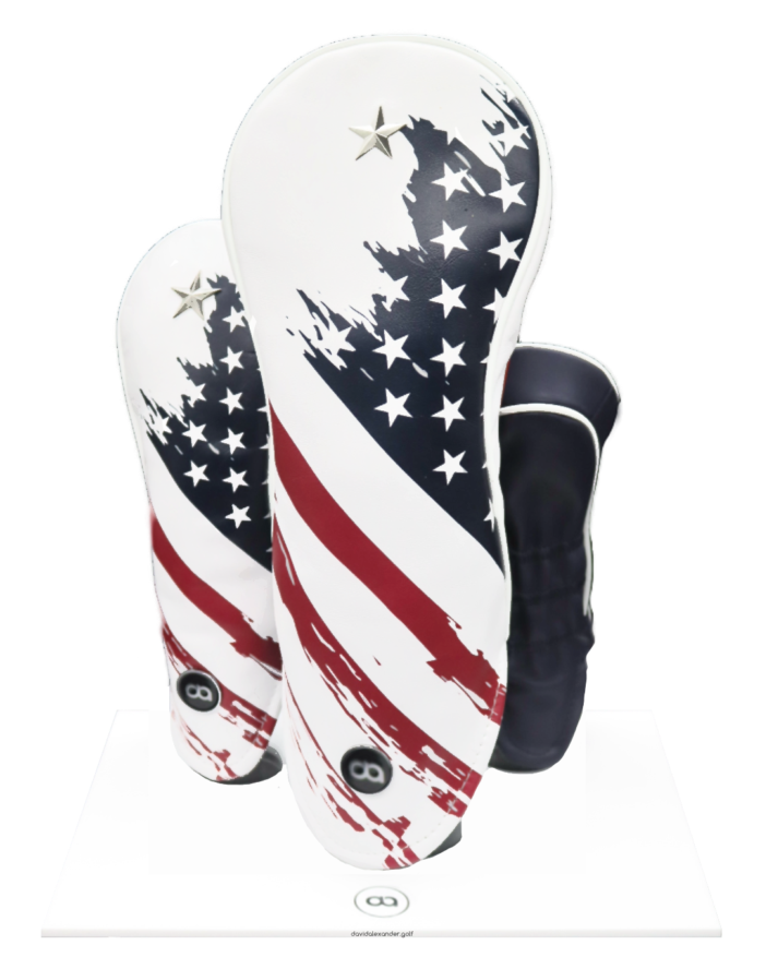 USA red, white and blue leather golf club headcover set with chrome star by David Alexander.