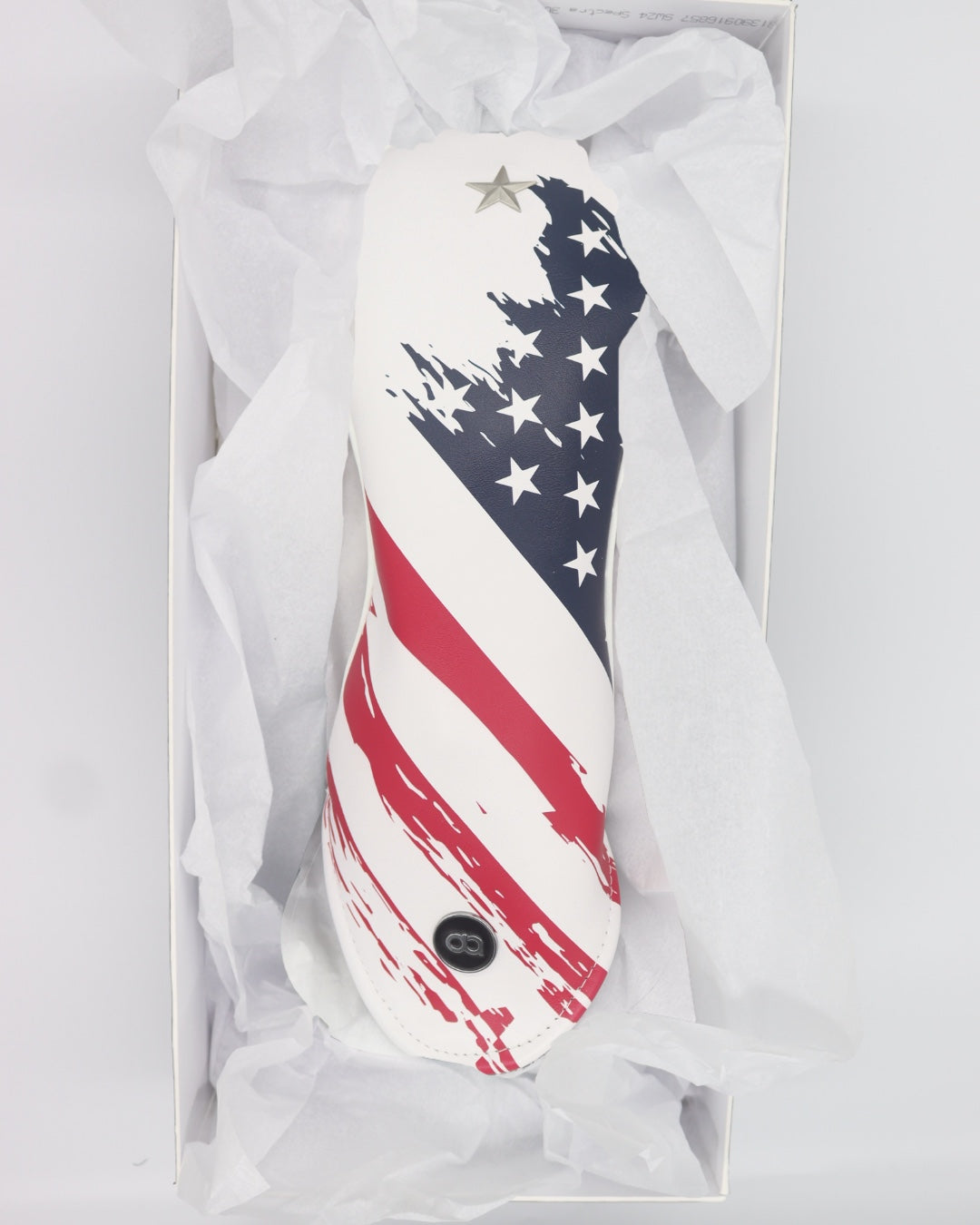 USA red, white and blue leather golf club headcover in a gift box. David Alexander Golf.