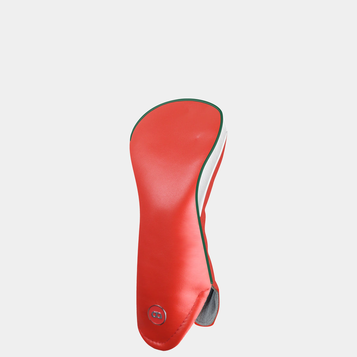 A red Wales hybrid golf club headcover with a white side panel and green and white pipping