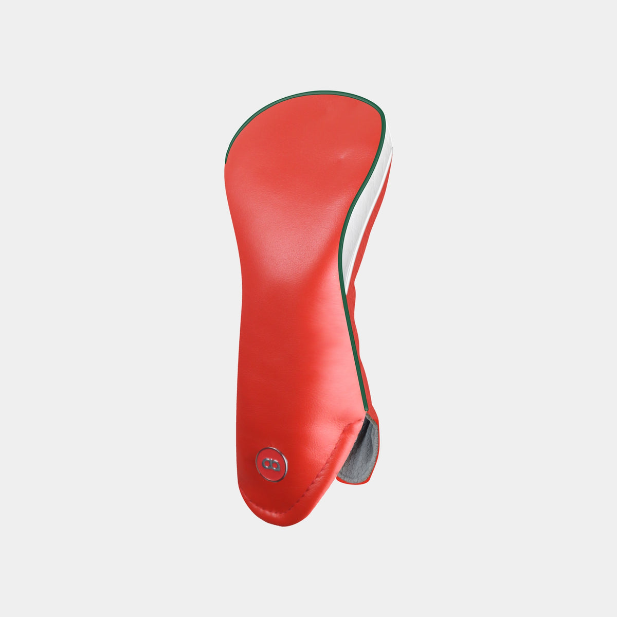 A red Wales hybrid golf club headcover with a white side panel and green and white pipping