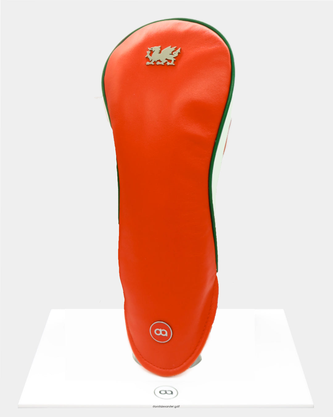 Wales leather driver golf club replacement headcover. Red with white sides. Golf gift for men /women. Designer golf accessory. Waterproof. Digital print. Chrome dragon.