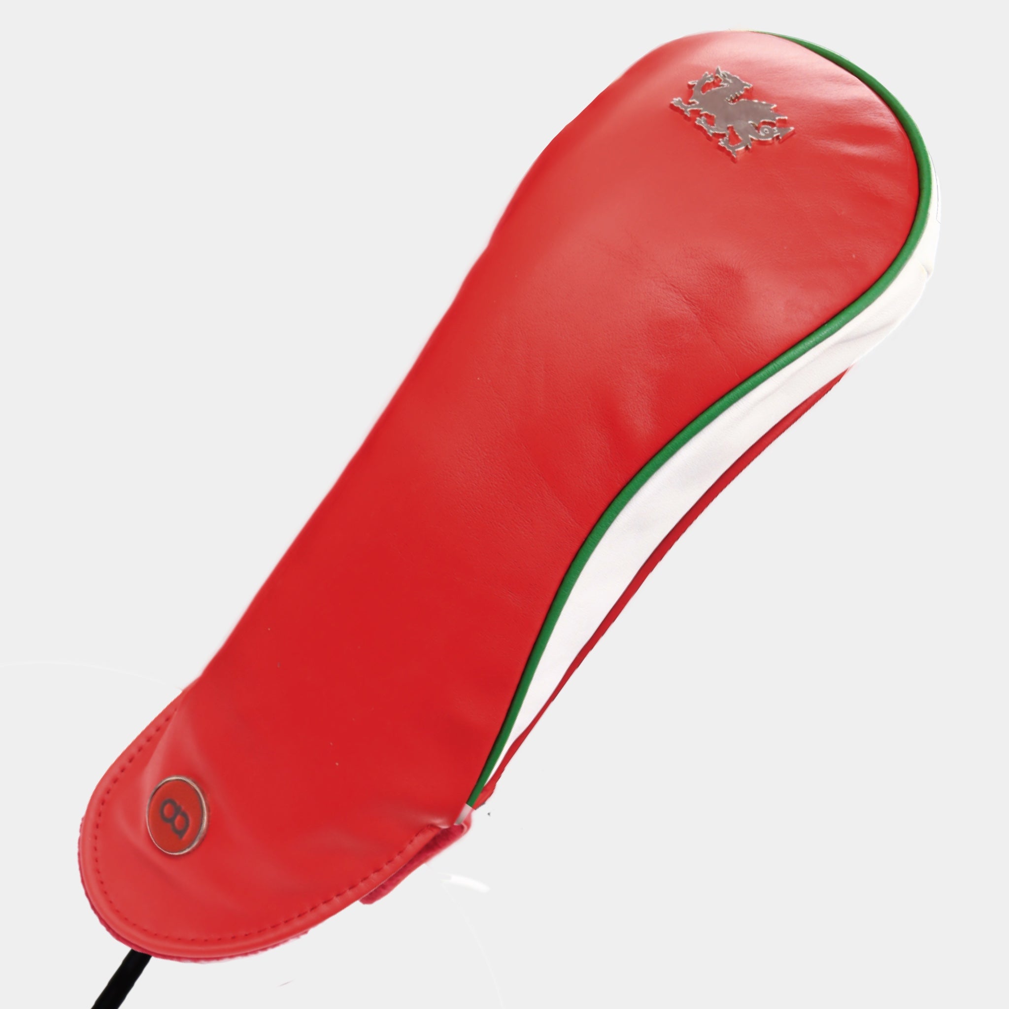 Wales leather driver golf club replacement headcover. Red with white sides. Golf gift for men /women. Designer golf accessory. Waterproof. Digital print. Chrome dragon.
