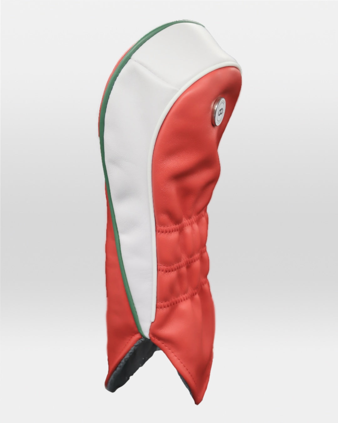 Wales leather driver golf club replacement headcover. Red with white sides. Golf gift for men /women. Designer golf accessory. Waterproof. Digital print. Chrome dragon.