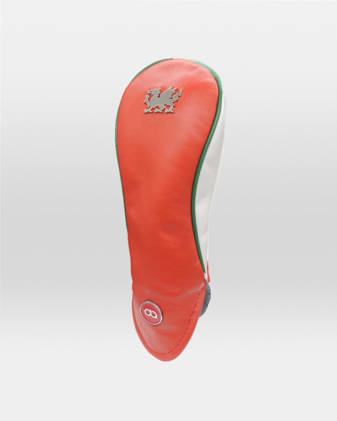Wales leather fairway golf club replacement headcover. Red with white sides, Golf gift for men /women. Designer golf accessory. Waterproof. Digital print. Chrome emblem. Customisable.