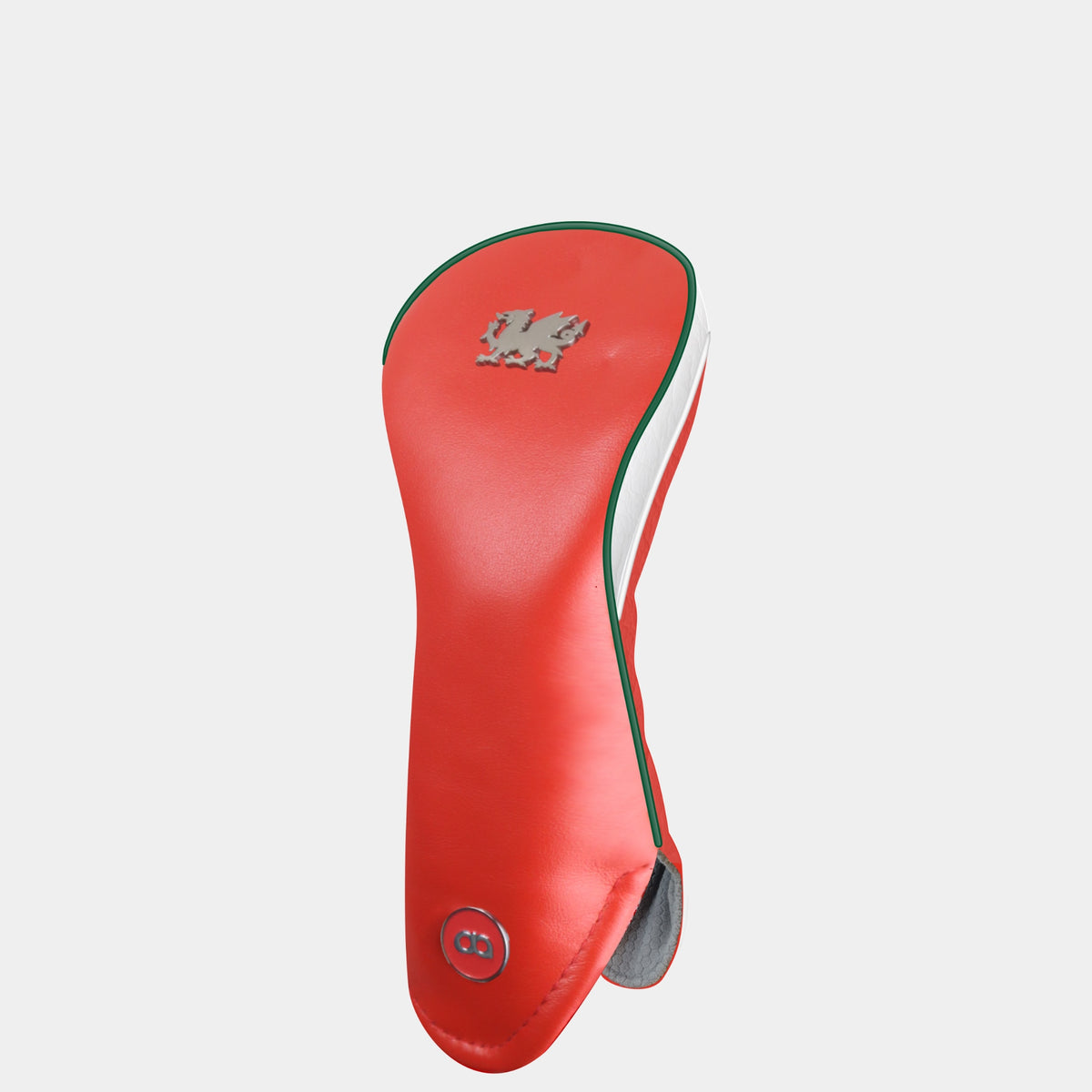 A red Wales golf club headcover featuring a chrome Welsh dragon near the top and a circular silver logo near the bottom, with a white side panel and green and white pipping