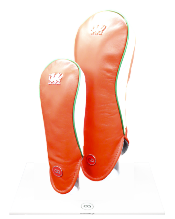 Red and white Wales fairway wood leather headcover with a chrome dragon