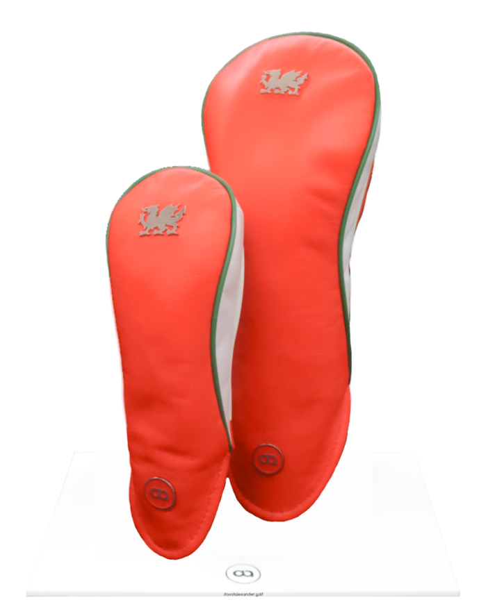Red and white Wales fairway wood leather headcover with a chrome dragon
