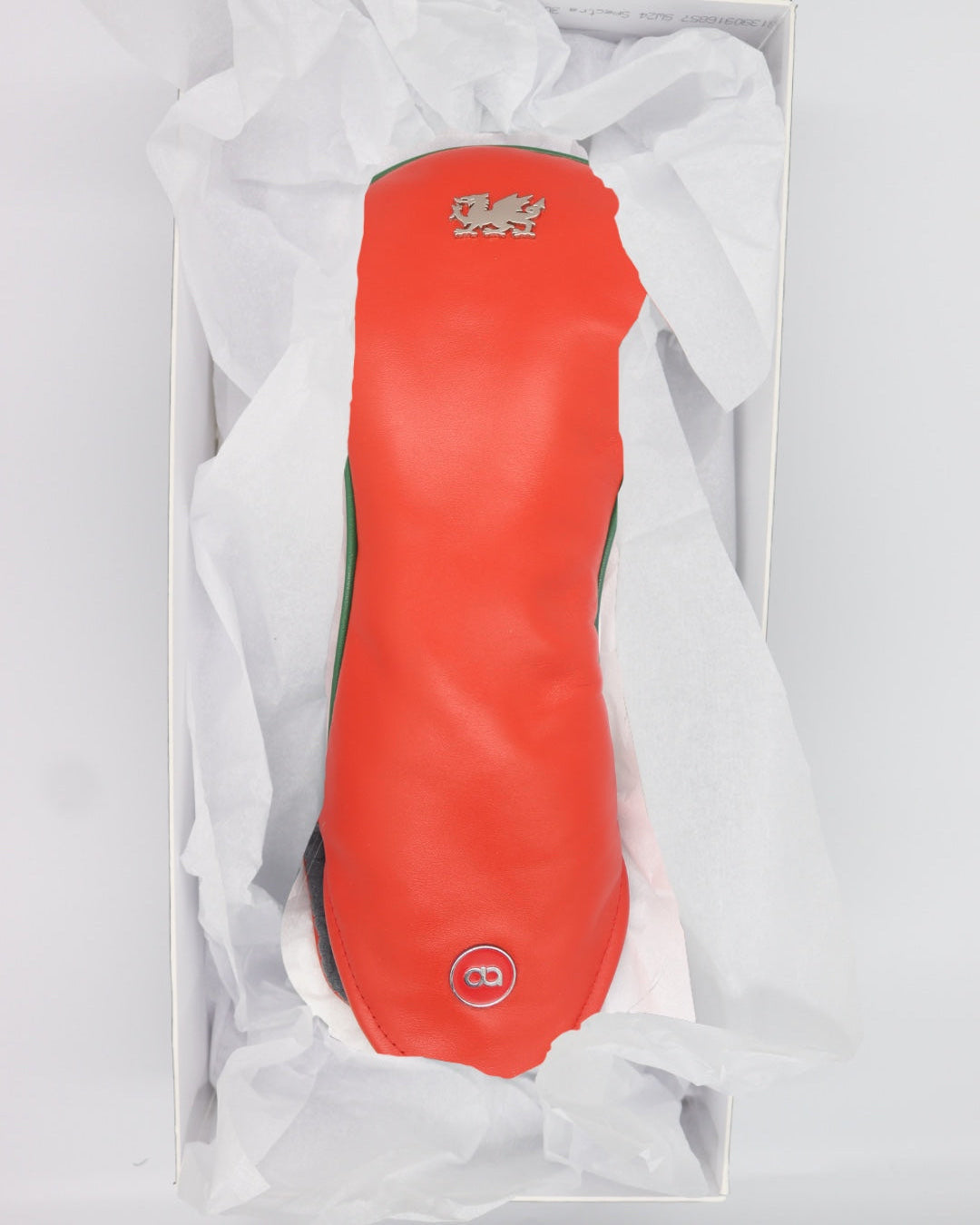 Wales red leather golf club headcover in a gift box. David Alexander Golf.