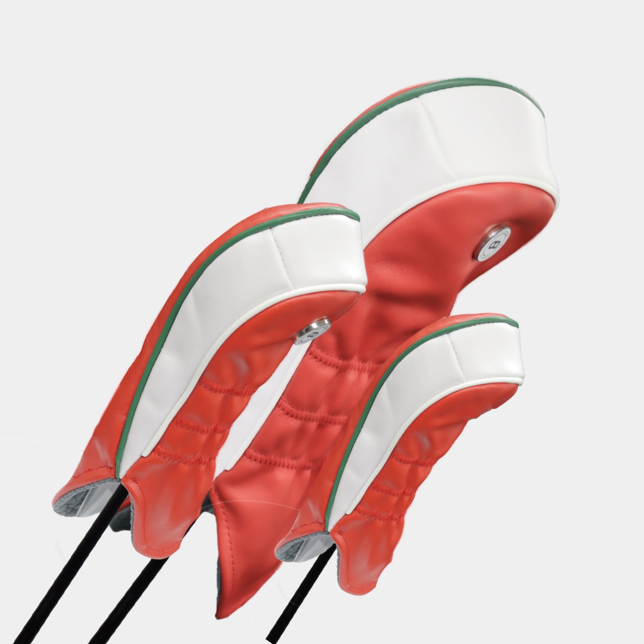 A set of Wales red, white and green leather headcovers with chrome dragon by David Alexander