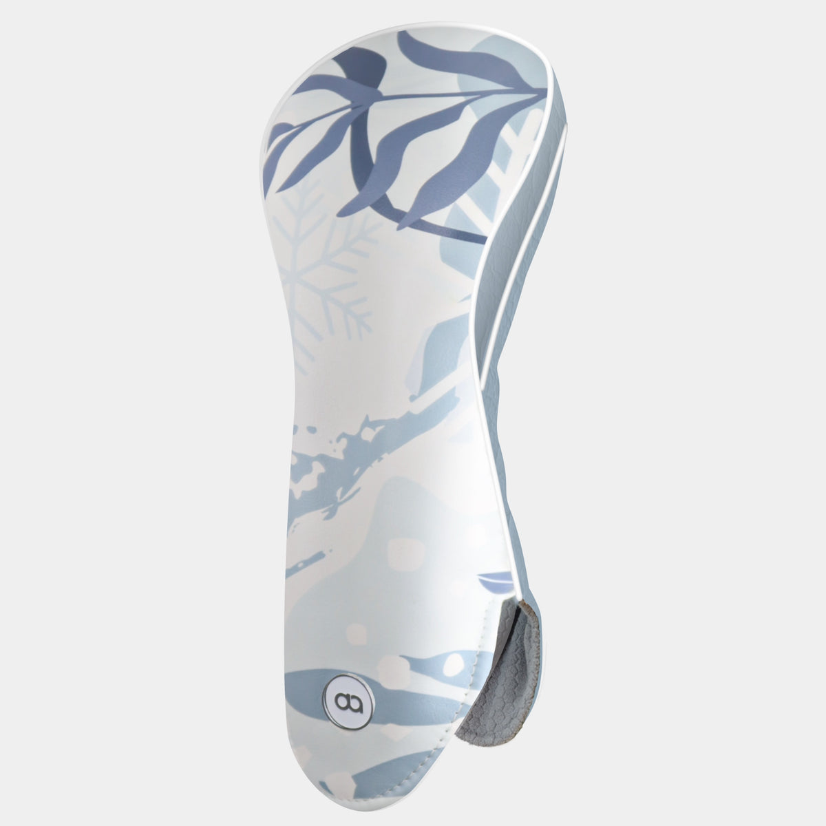 A winter-themed leather golf club headcover in shades of light blue, gray, and white, shown against a light gray background.