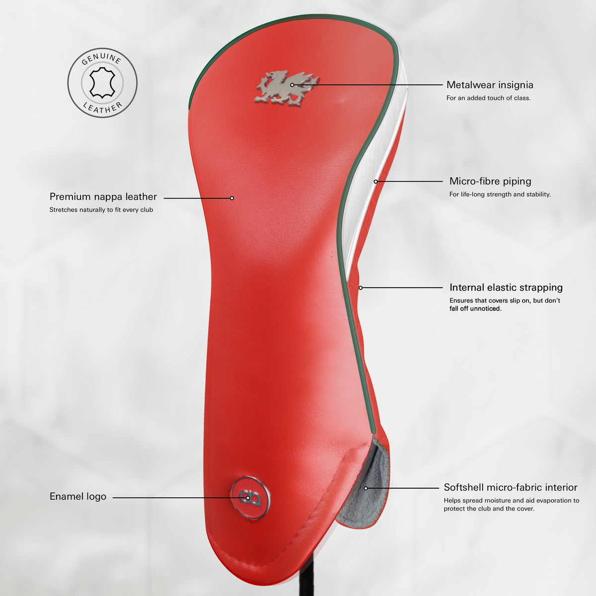A red Wales golf club headcover featuring a chrome Welsh dragon near the top and a circular silver logo near the bottom, with a white side panel and green and white pipping