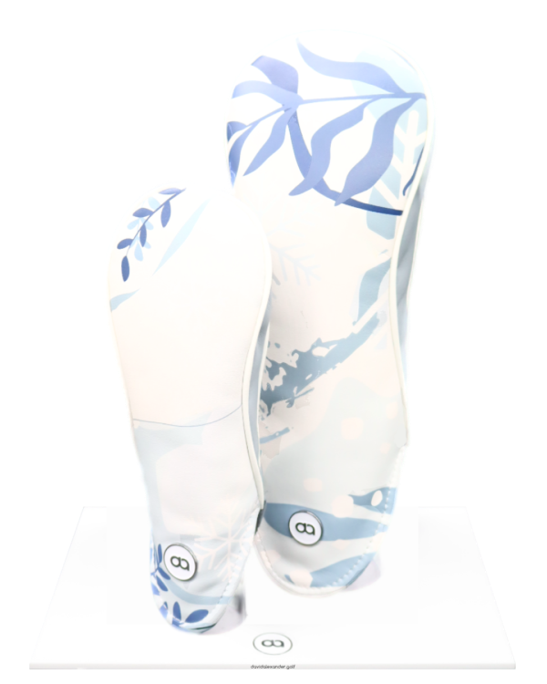 white and grey leather fairway headcover with blue winter design by David Alexander Golf