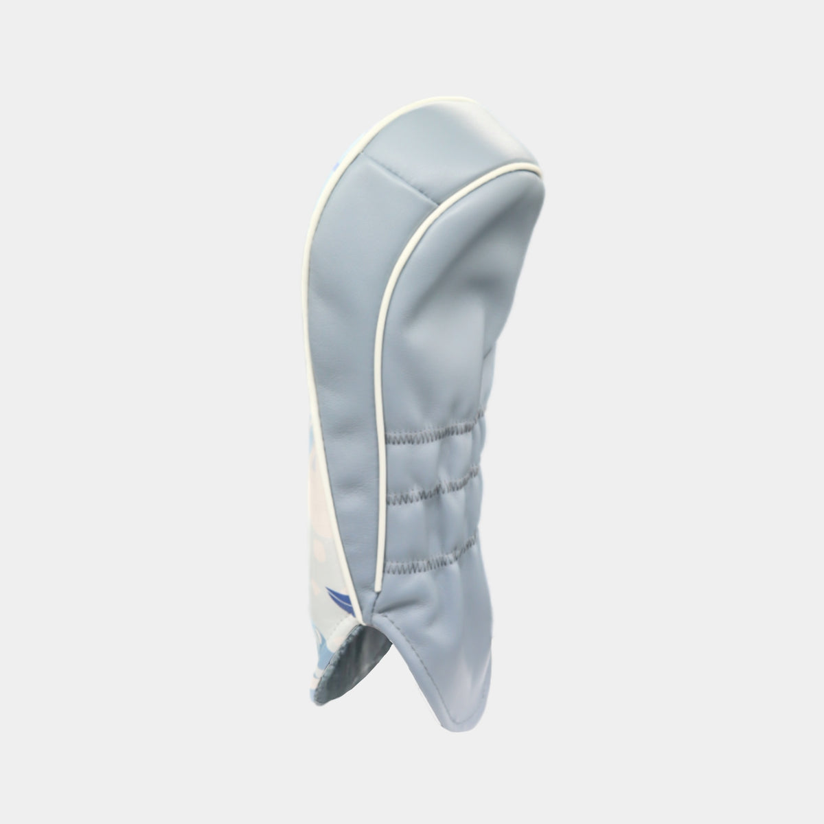 A winter-themed leather golf club headcover in shades of light blue, gray, and white, shown against a light gray background.