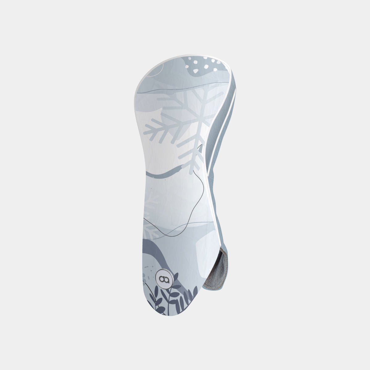 A winter-themed leather golf club headcover in shades of light blue, gray, and white, shown against a light gray background.