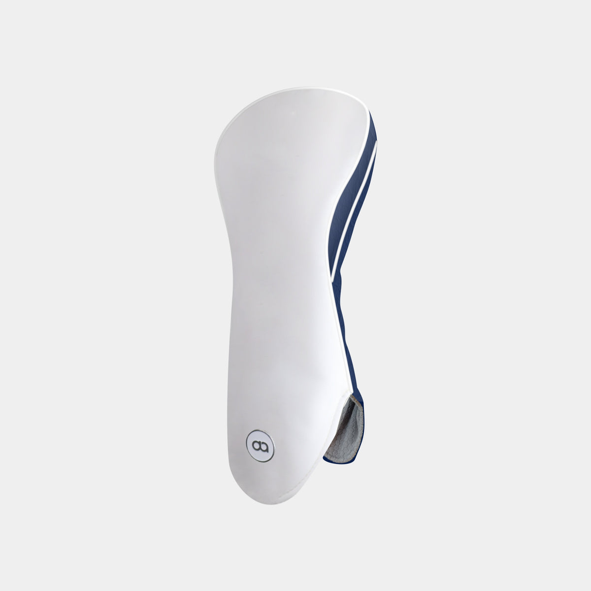 A white and navy blue hybrid leather golf club headcover shown on a light gray background.