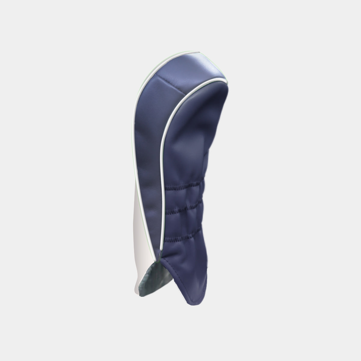 A navy blue golf club headcover with white piping and a white underside, shown on a light gray background.
