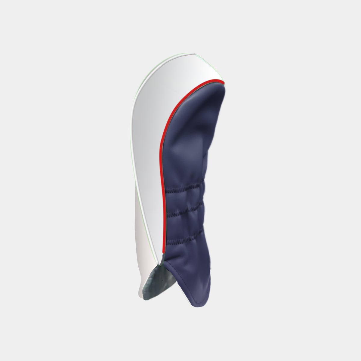A golf club headcover shown from the side profile on a light gray background. The cover features a navy blue front section with a red piping accent, a white back section, and a dark gray textured tip.