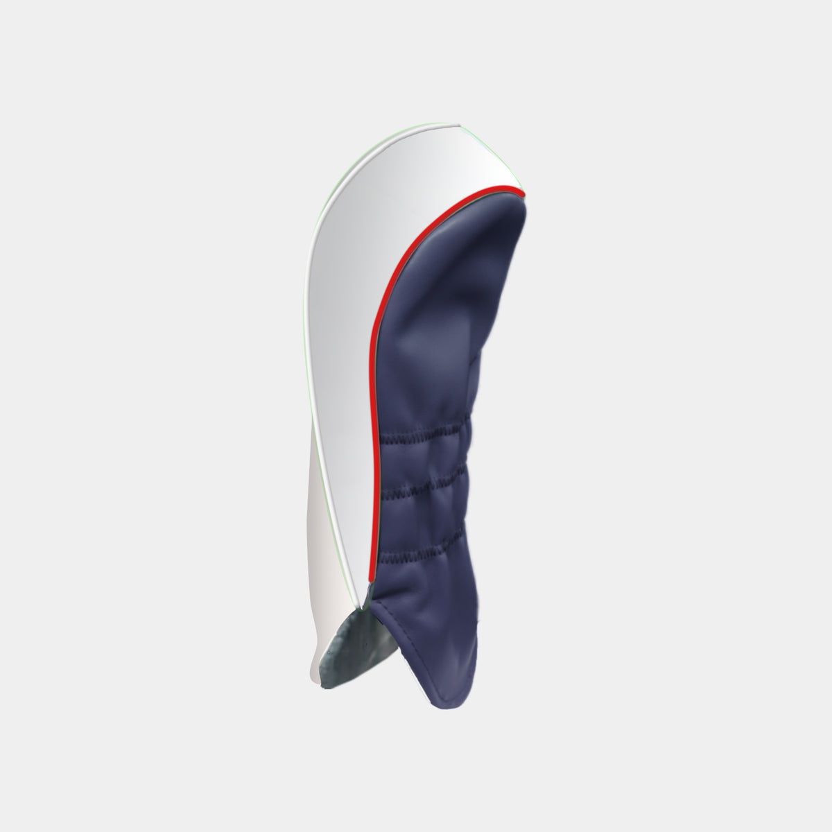A golf club headcover shown from the side profile on a light gray background. The cover features a navy blue front section with a red piping accent, a white back section, and a dark gray textured tip.