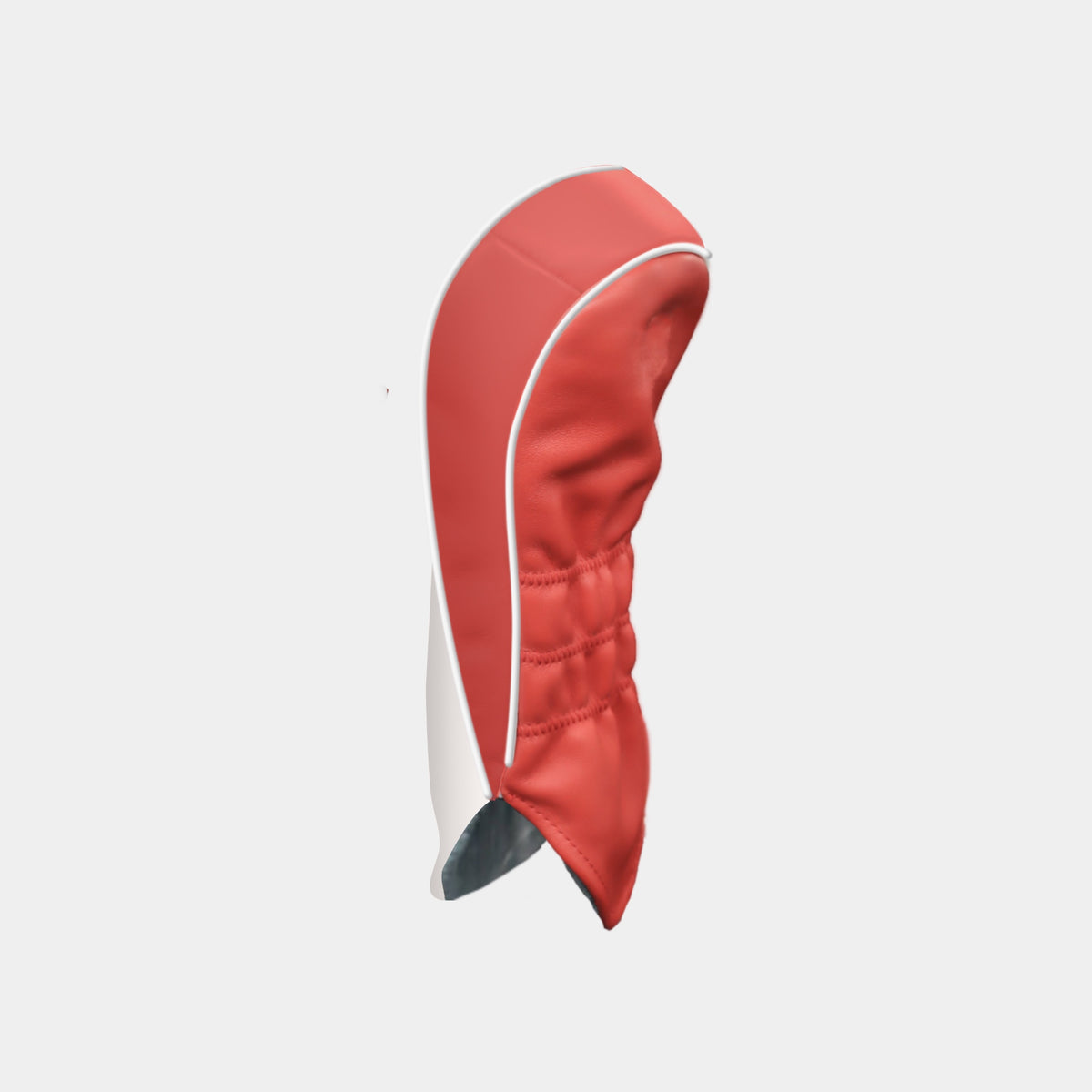 A red and white golf club headcover shown from a side profile view against a light gray background.